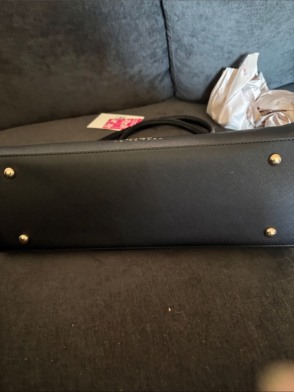 Trina Turk Black Leather Double-Handle Satchel with Gold Zip - Picture 8 of 10